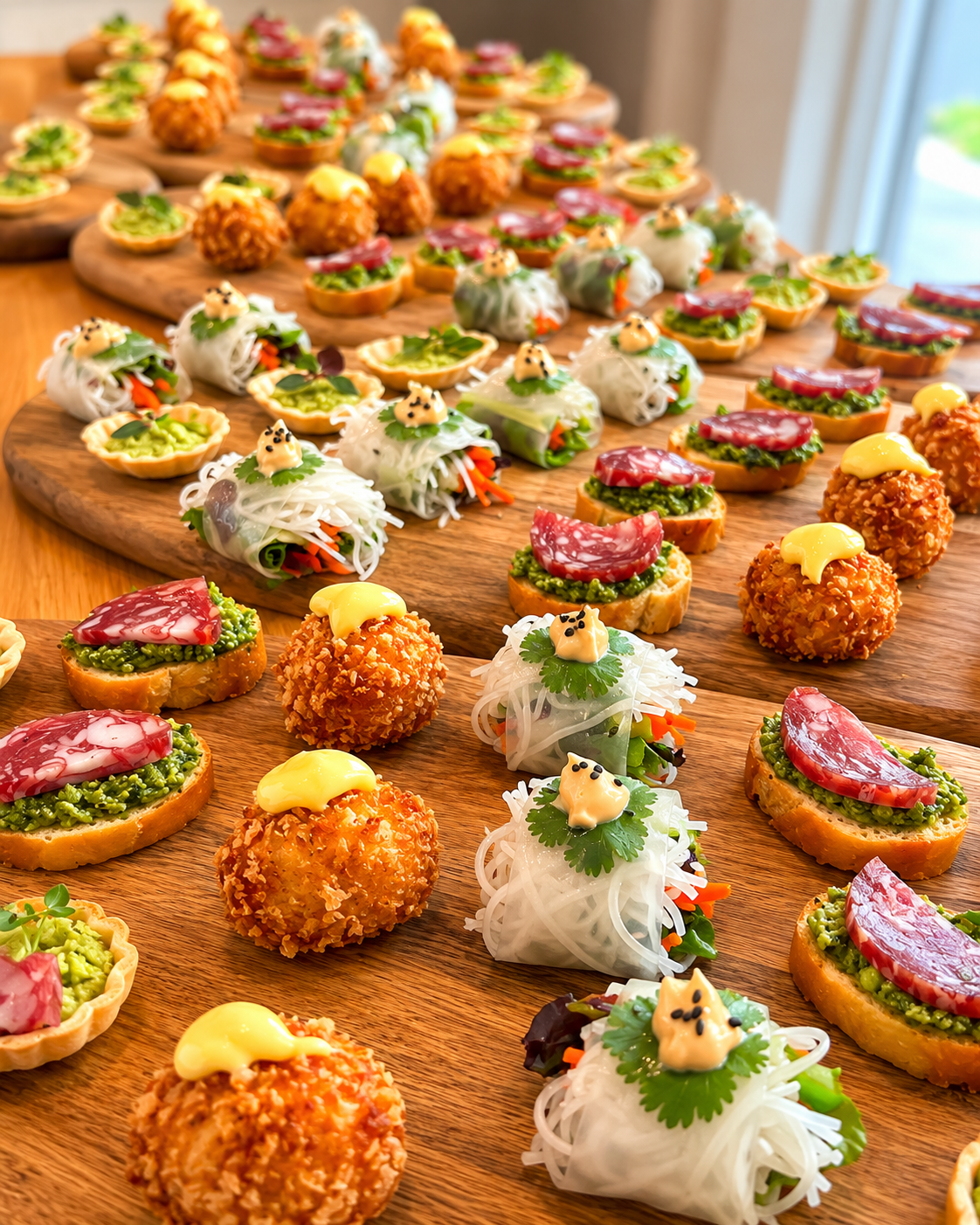 Abundant locally sourced canapé spread on wooden boards