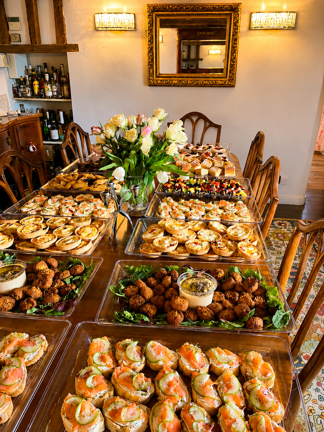 Elegant finger buffet with smoked salmon open sandwiches and assorted savouries