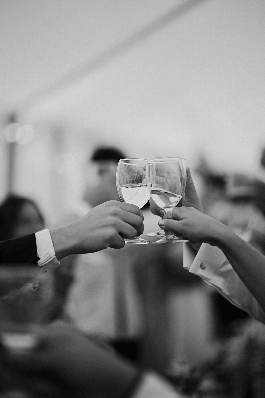 Black and white photograph of two wedding guests toasting with wine glasses