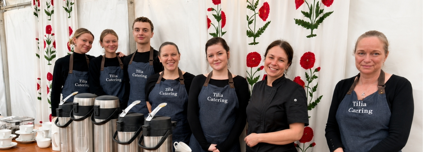 Full Tilia team in navy branded aprons against a poppy-print backdrop