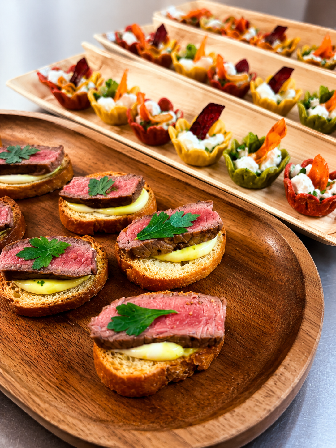 Rare beef croustades and vegetable cups