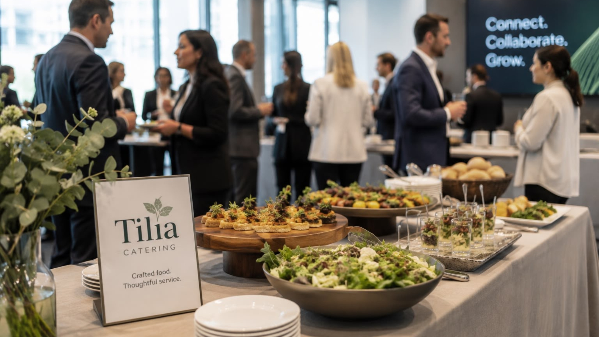 Corporate networking event with elegant Tilia catering buffet spread