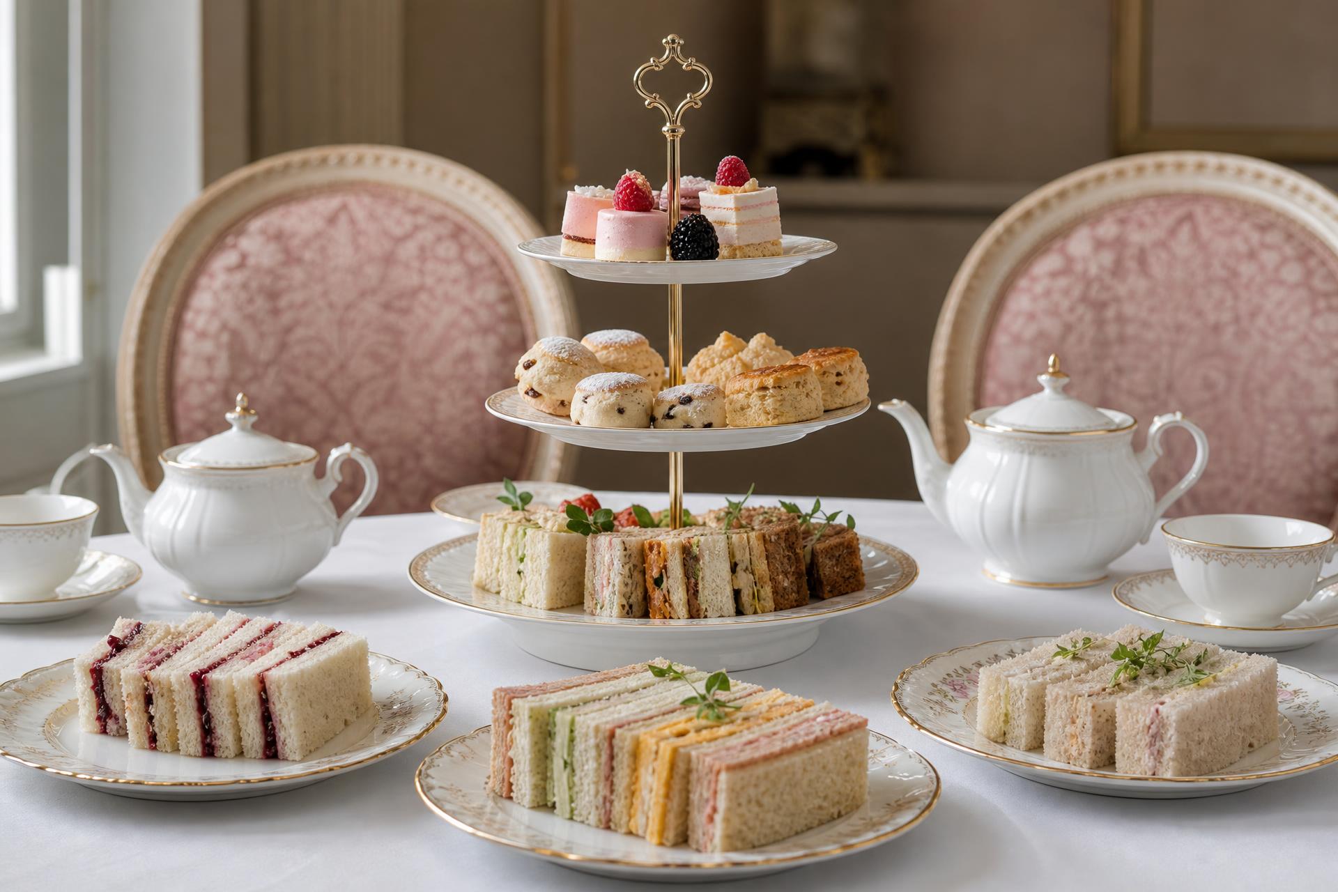 Elegant afternoon tea with tiered cake stand, finger sandwiches and fine crockery on a white tablecloth